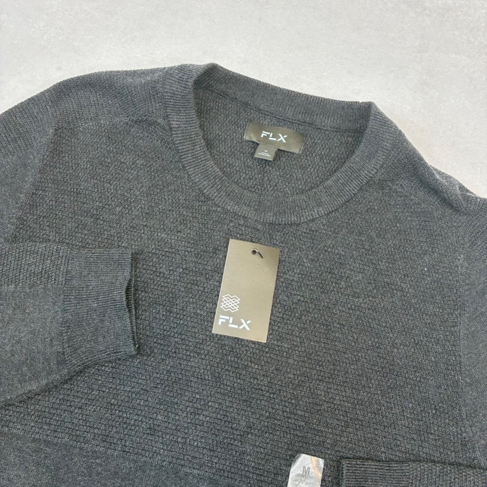 FLX Crewneck Sweater Mens Medium Gray Textured Knit Long Sleeve Pullover New
